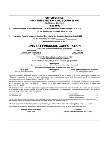 Thumbnail Univest Financial Corporation 10-Q Quarterly Report FY 
