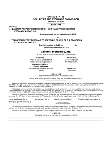 Thumbnail Valmont Industries
 10-Q Quarterly Report FY2018 