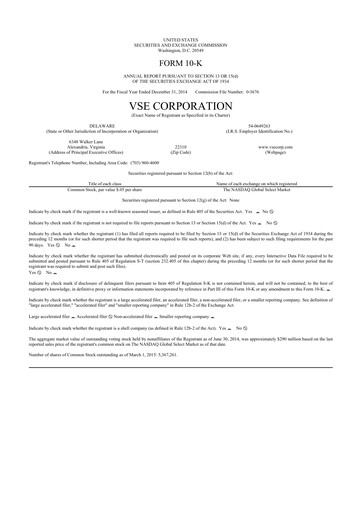 Thumbnail VSE Corporation 10-K Annual Report 2014