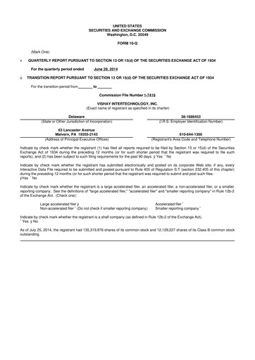Thumbnail Vishay Intertechnology
 10-Q Quarterly Report FY2014 