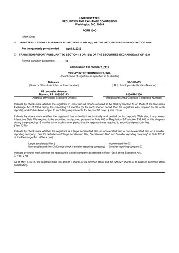 Thumbnail Vishay Intertechnology
 10-Q Quarterly Report FY2015 