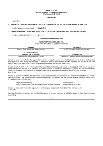 Thumbnail Vishay Intertechnology
 10-Q Quarterly Report FY2016 