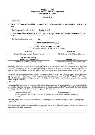 Thumbnail Vishay Intertechnology
 10-Q Quarterly Report FY2016 