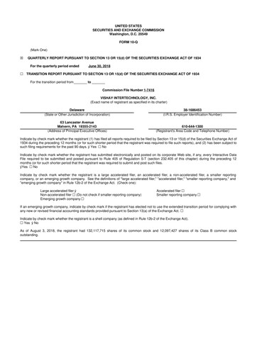 Thumbnail Vishay Intertechnology
 10-Q Quarterly Report FY2018 