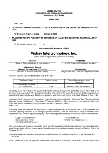 Thumbnail Vishay Intertechnology
 10-Q Quarterly Report FY2020 