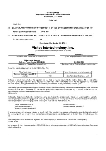 Thumbnail Vishay Intertechnology
 10-Q Quarterly Report FY2021 
