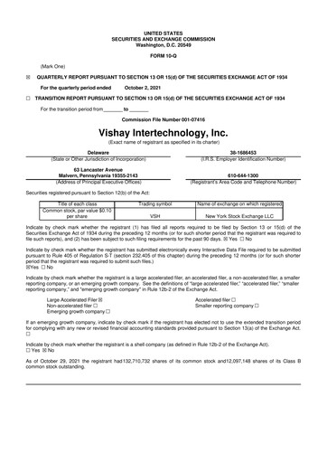Thumbnail Vishay Intertechnology
 10-Q Quarterly Report FY2021 