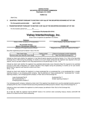 Thumbnail Vishay Intertechnology
 10-Q Quarterly Report FY2022 