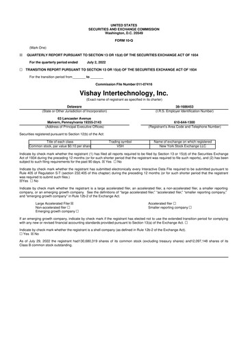Thumbnail Vishay Intertechnology
 10-Q Quarterly Report FY2022 