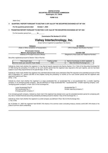 Thumbnail Vishay Intertechnology
 10-Q Quarterly Report FY2022 