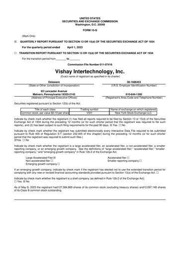 Thumbnail Vishay Intertechnology
 10-Q Quarterly Report FY2023 