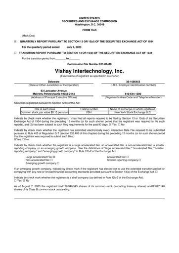 Thumbnail Vishay Intertechnology
 10-Q Quarterly Report FY2023 