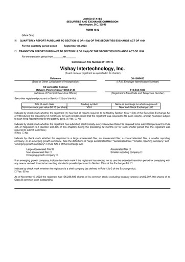 Thumbnail Vishay Intertechnology
 10-Q Quarterly Report FY2023 