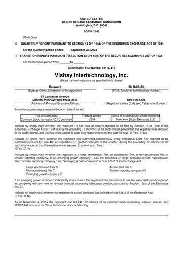 Thumbnail Vishay Intertechnology
 10-Q Quarterly Report FY2024 