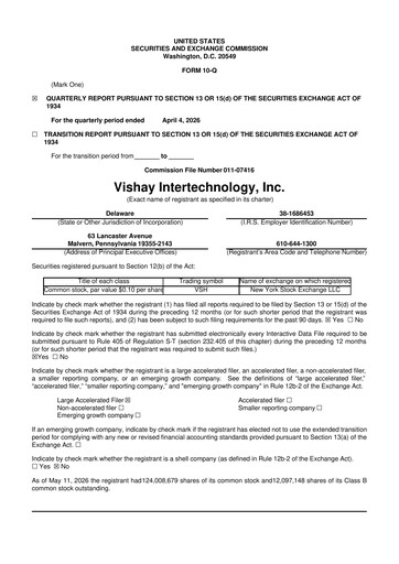 Miniature Vishay Intertechnology
 10-Q Rapport trimestriel  