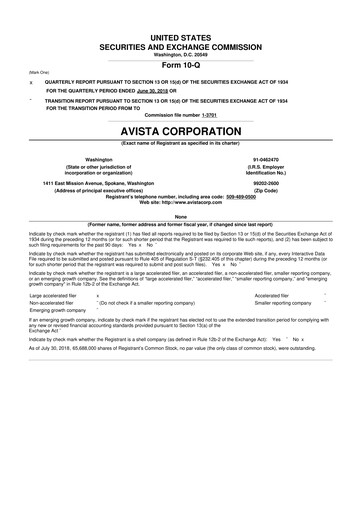 Thumbnail Avista
 10-Q Quarterly Report FY2018 