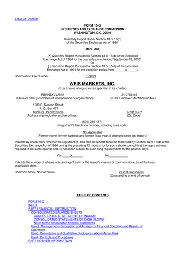Thumbnail Weis Markets
 10-Q Quarterly Report FY 
