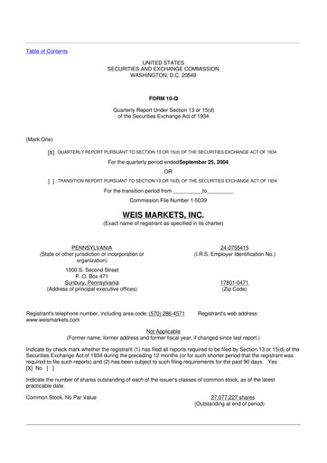 Thumbnail Weis Markets
 10-Q Quarterly Report FY 