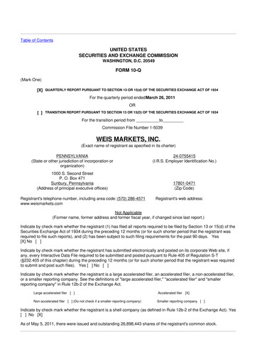Thumbnail Weis Markets
 10-Q Quarterly Report FY 