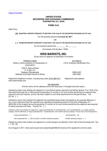 Thumbnail Weis Markets
 10-Q Quarterly Report FY2011 