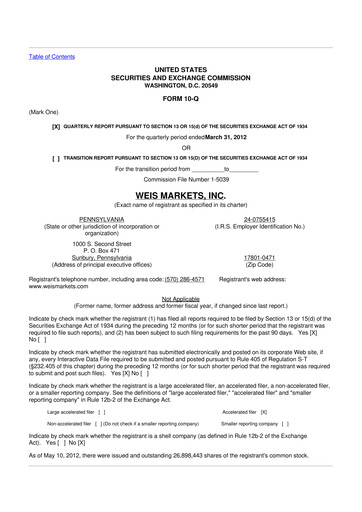 Thumbnail Weis Markets
 10-Q Quarterly Report FY2012 