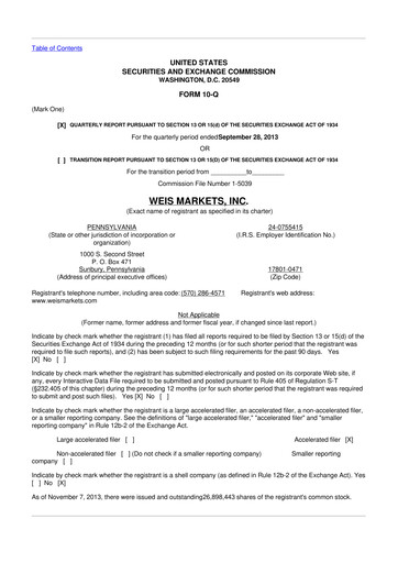 Thumbnail Weis Markets
 10-Q Quarterly Report FY2013 