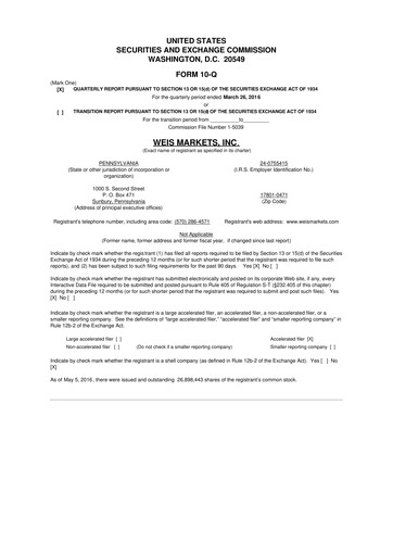 Thumbnail Weis Markets
 10-Q Quarterly Report FY2016 