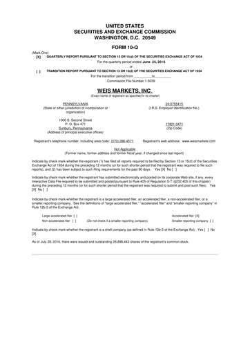 Thumbnail Weis Markets
 10-Q Quarterly Report FY2016 