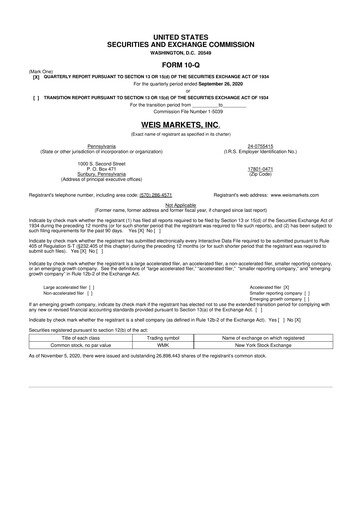 Thumbnail Weis Markets
 10-Q Quarterly Report FY2020 