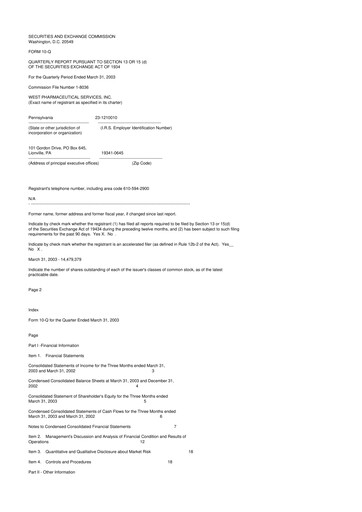 Thumbnail West Pharmaceutical Services 10-Q Quarterly Report FY 