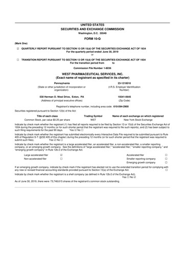Thumbnail West Pharmaceutical Services 10-Q Quarterly Report FY2019 