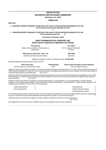 Thumbnail West Pharmaceutical Services 10-Q Quarterly Report FY2019 