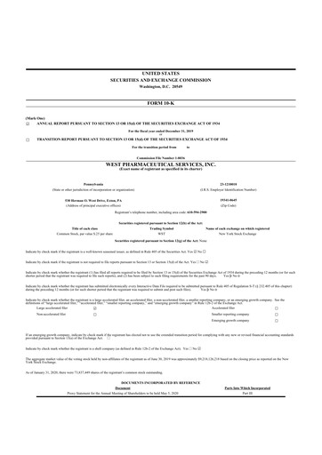 Thumbnail West Pharmaceutical Services 10-K Annual Report 2019