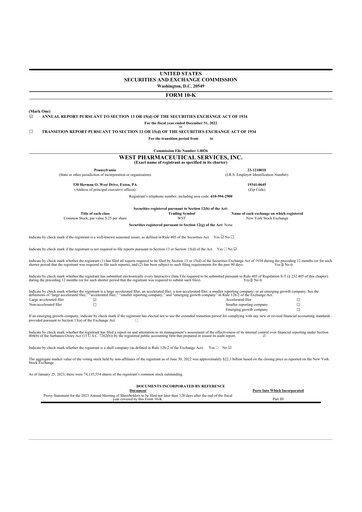 Thumbnail West Pharmaceutical Services 10-K Annual Report 2022
