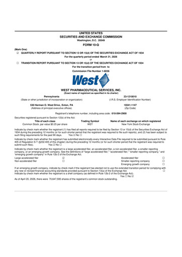 Vorschaubild West Pharmaceutical Services 10-Q Quartalsbericht  