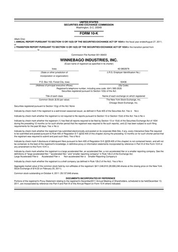 Thumbnail Winnebago Industries 10-K Annual Report 