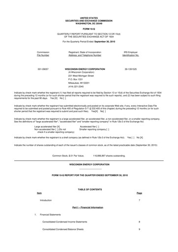 Miniature WEC Energy Group 10-Q Rapport trimestriel 2010 