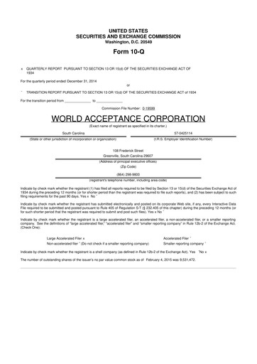 Thumbnail World Acceptance Corporation 10-Q Quarterly Report FY2015 
