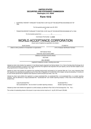 Thumbnail World Acceptance Corporation 10-Q Quarterly Report FY2016 