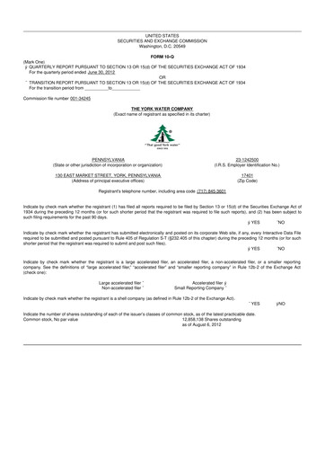 Thumbnail York Water 10-Q Quarterly Report FY2012 