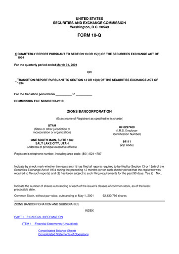 Miniature Zions Bancorporation
 10-Q Rapport trimestriel  