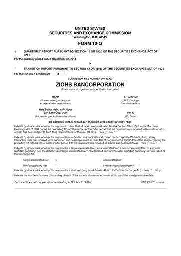 Miniature Zions Bancorporation
 10-Q Rapport trimestriel 2014 