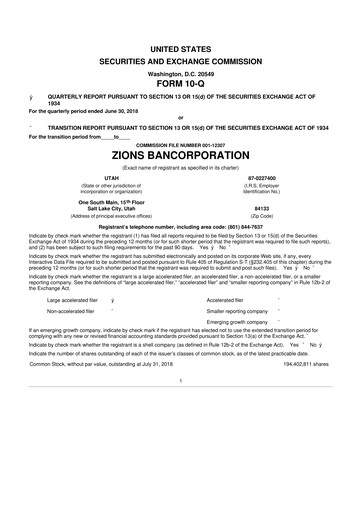 Miniature Zions Bancorporation
 10-Q Rapport trimestriel 2018 