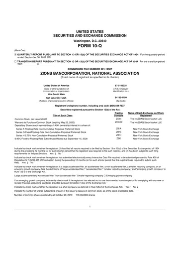 Miniature Zions Bancorporation
 10-Q Rapport trimestriel 2019 