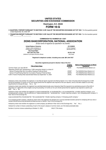 Miniature Zions Bancorporation
 10-Q Rapport trimestriel 2022 