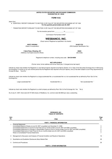Miniature WesBanco 10-Q Rapport trimestriel  
