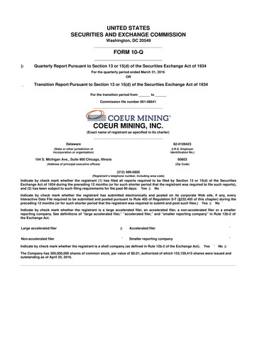 Vorschaubild Coeur Mining
 10-Q Quartalsbericht 2016 