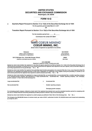 Vorschaubild Coeur Mining
 10-Q Quartalsbericht 2017 