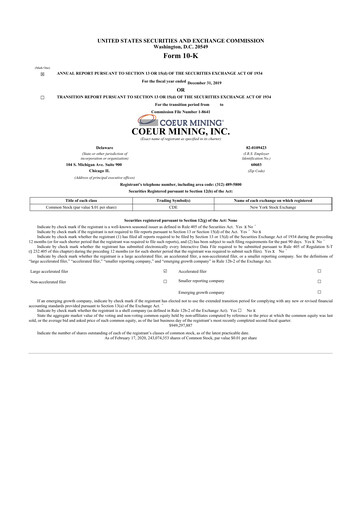 Thumbnail Coeur Mining
 10-K Annual Report 2019