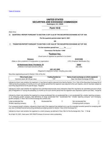 Miniature Textron 10-Q Rapport trimestriel 2021 